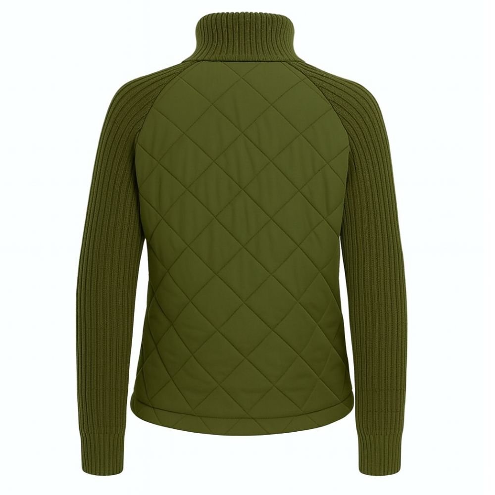 Woman wearing the Kouvr Army Green Quilted Hybrid Jacket with Merino Wool Knit Sleeves