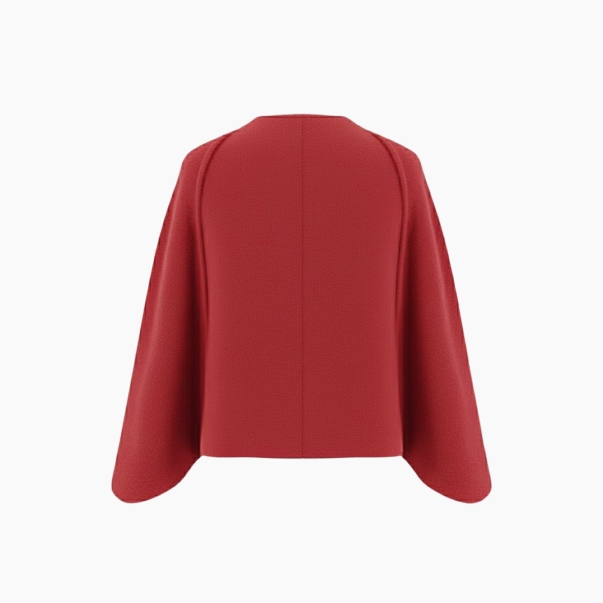 Back product shot of the Kouvr structured red cape jacket showing the center seam detail.