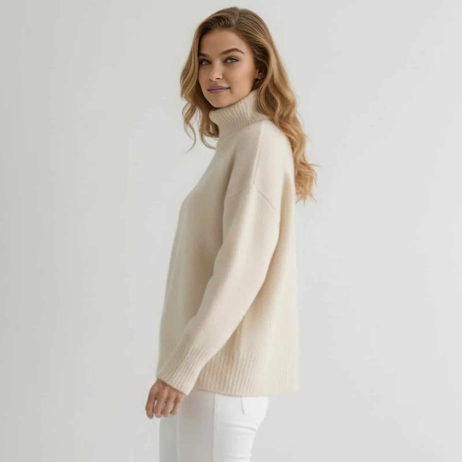 Side profile view of a woman in a relaxed fit beige cashmere turtleneck by Kouvr, showing the sweater's drape.