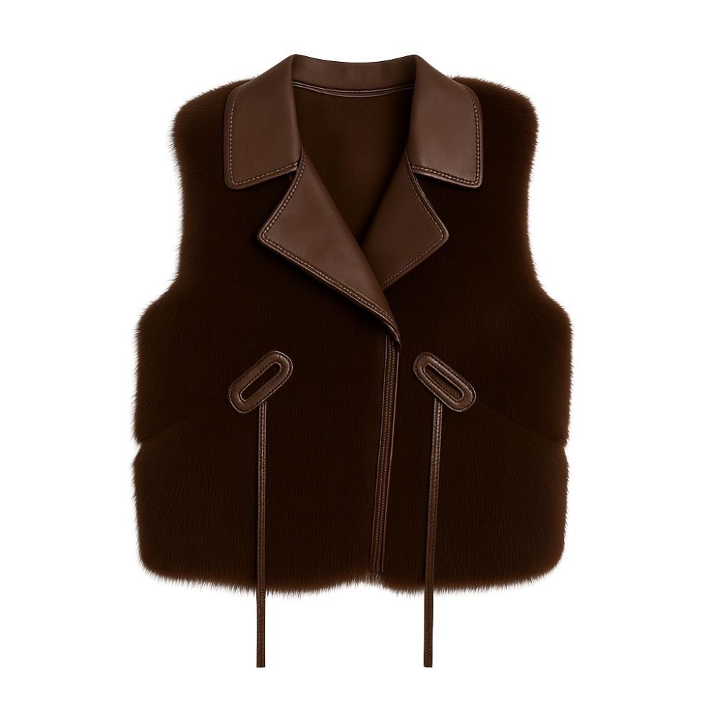 A model wears the Kouvr women's sable mink fur and Nappa leather vest in dark brown, paired with blue jeans.