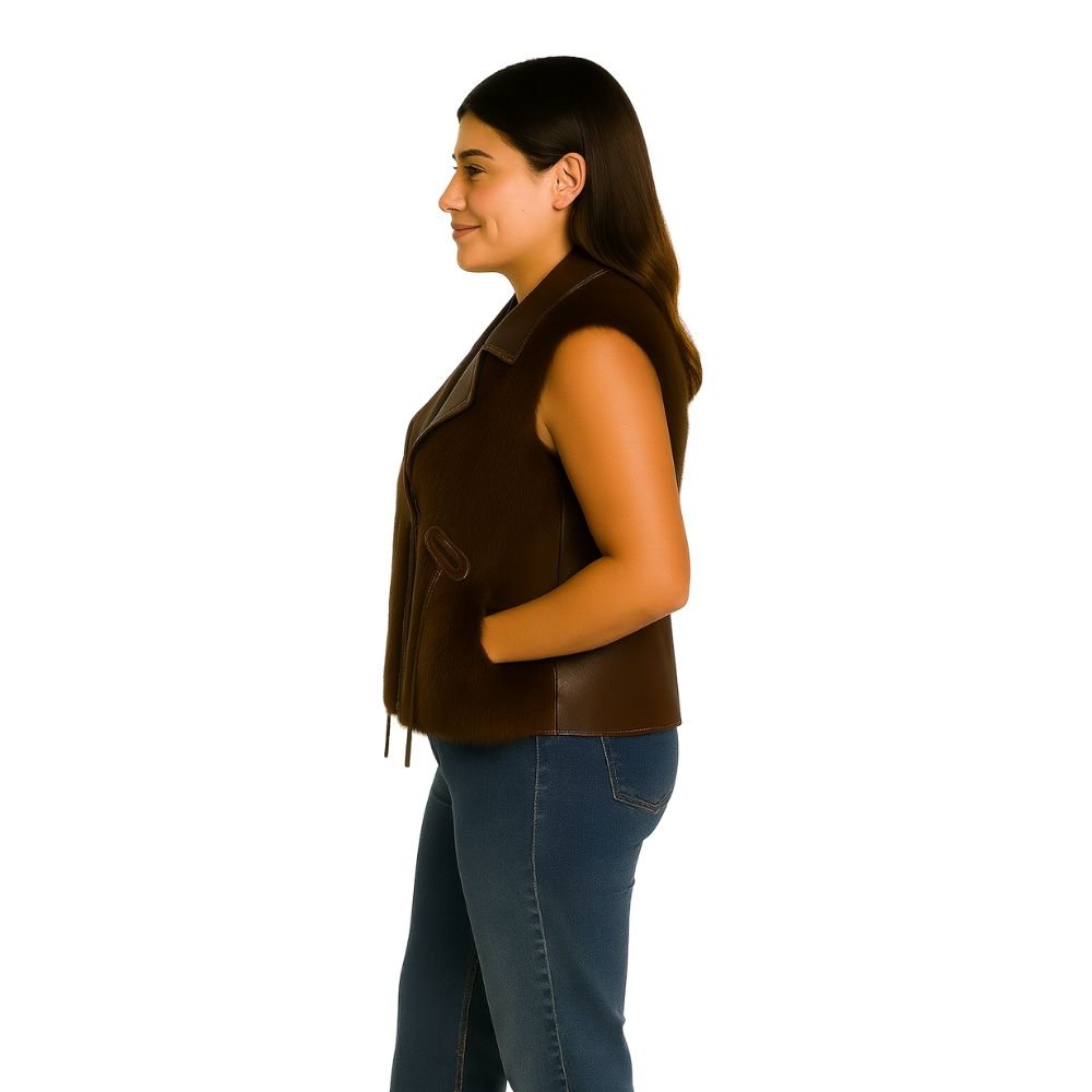 A model wears the Kouvr women's sable mink fur and Nappa leather vest in dark brown, paired with blue jeans.
