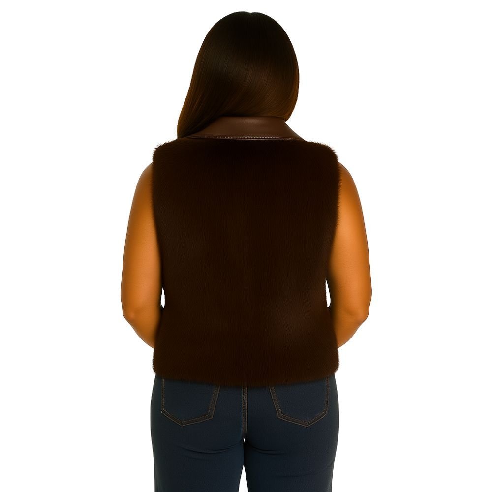 Kouvr Fashion women's pearl white sheared mink fur vest with a Nappa leather collar and front zip closure, shown from the front.