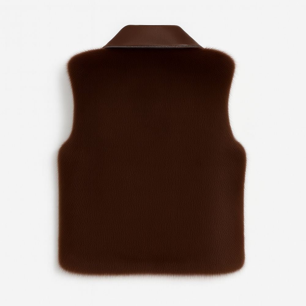 Kouvr Fashion women's pearl white sheared mink fur vest with a Nappa leather collar and front zip closure, shown from the front.