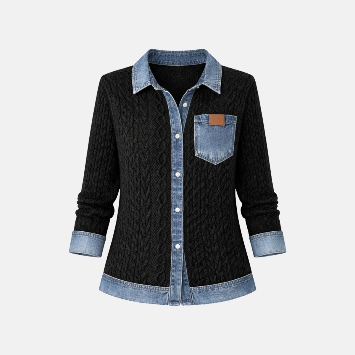 Flat lay product shot of women's black cable knit shacket with denim button placket, collar, and chest pocket.