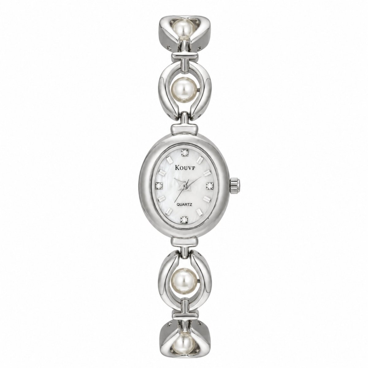 Close up front view of Kouvr women's silver tone watch featuring crystal markers and quartz movement.