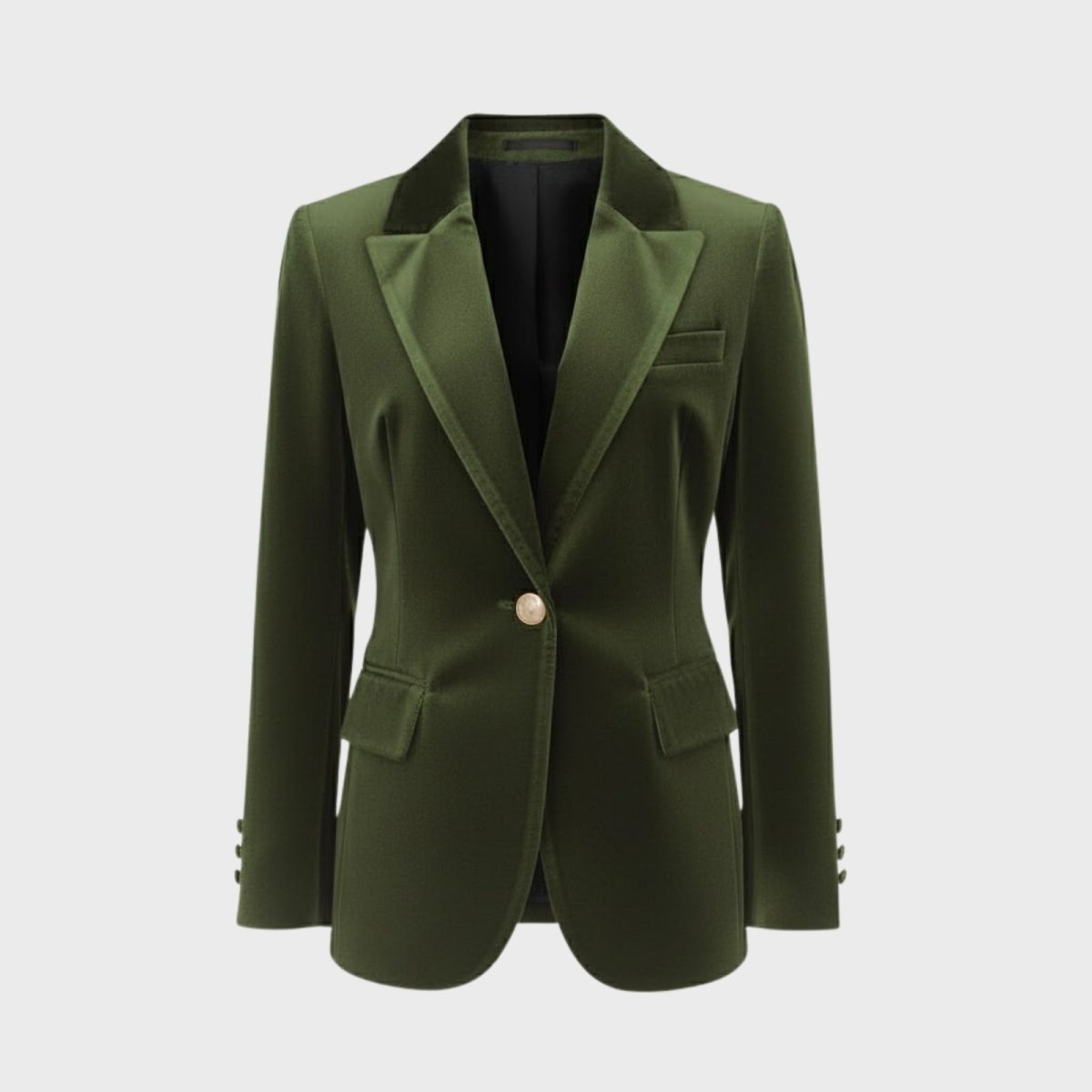 Product shot of a single-breasted army green velvet blazer for women, highlighting the peak lapels and gold button.