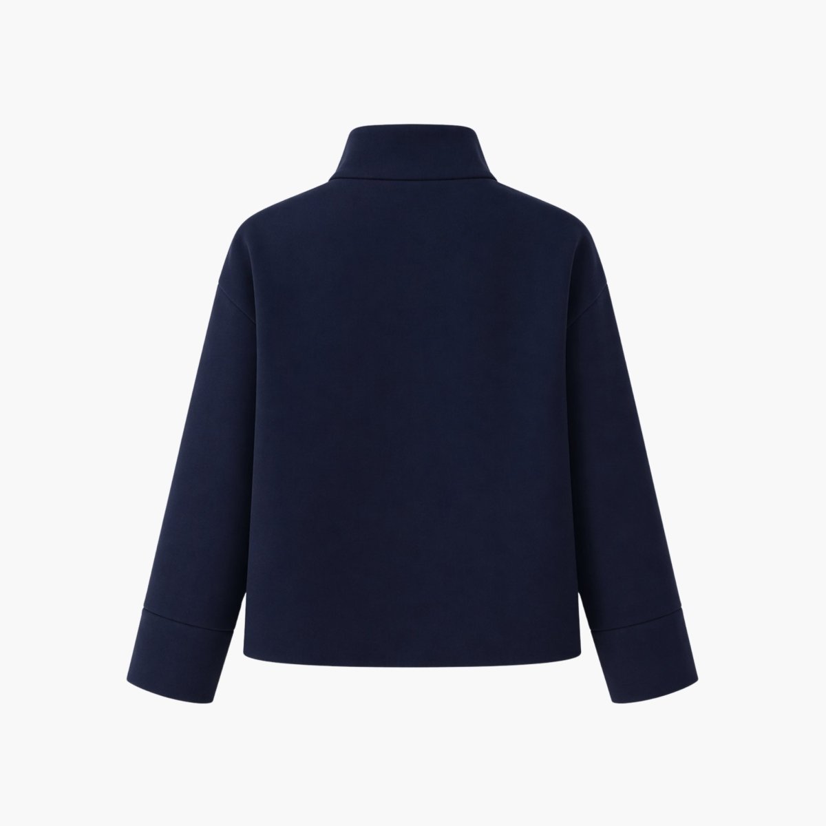 Back view flat lay of womens structured fall and winter outerwear jacket in dark navy.