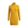 Front view product shot of a Kouvr erza yellow turtleneck sweater dress, laid flat to display the full cable-knit texture and design.