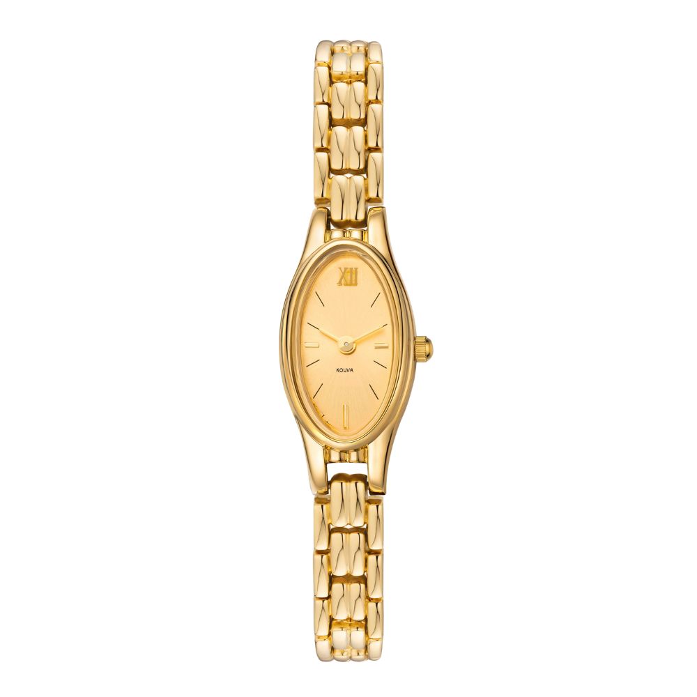 Gold kouvr watch with a chain strap on a white background