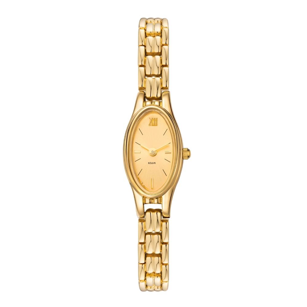 Gold kouvr watch with a chain strap on a white background