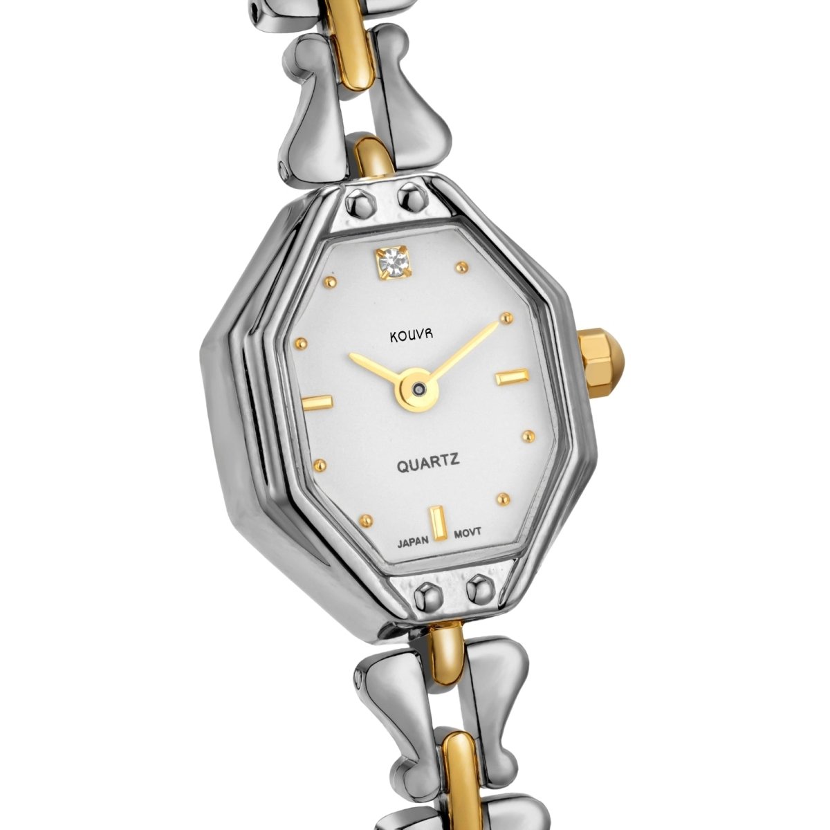 Silver and gold kouvr watch with a white face on a white background