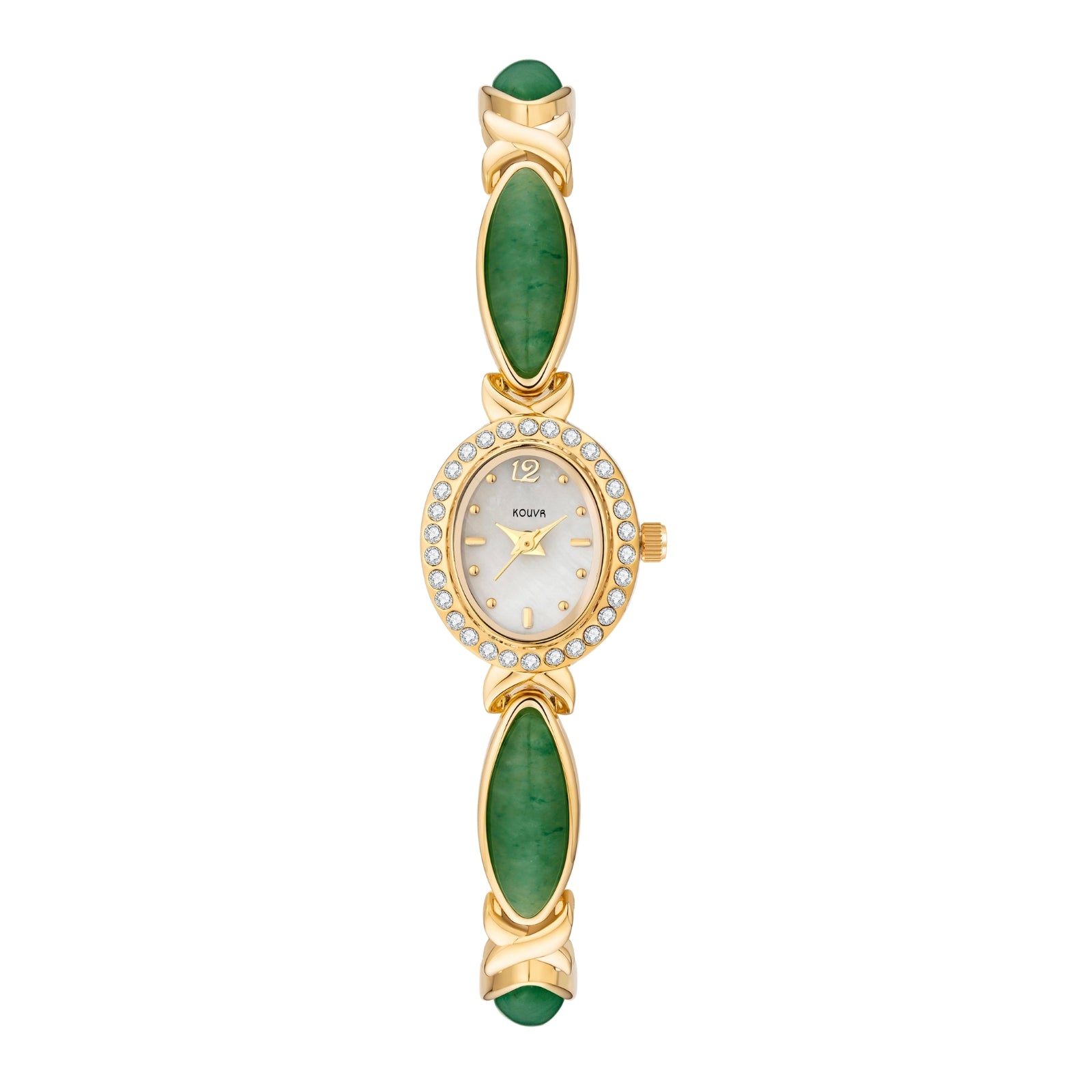 Kouvr women's vintage style gold bracelet watch featuring genuine gold green gemstones and a crystal bezel on a white background.