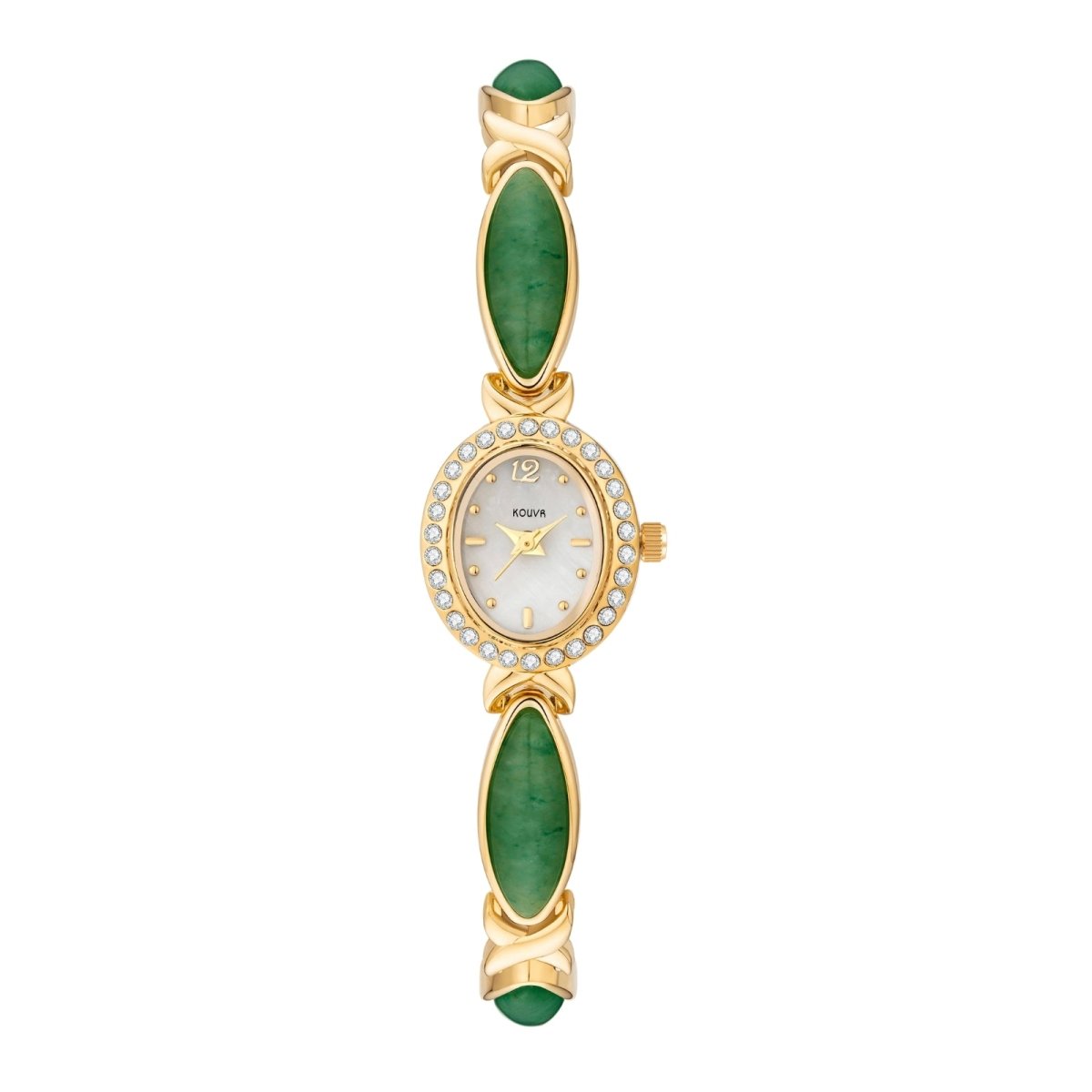Kouvr women's vintage style gold bracelet watch featuring genuine gold green gemstones and a crystal bezel on a white background.