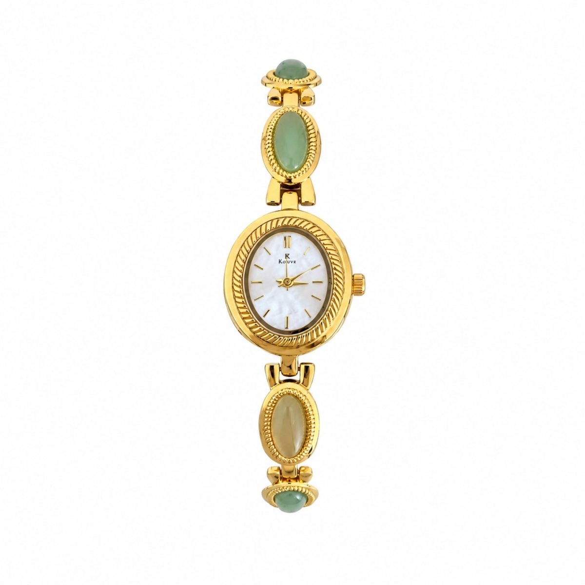 Close up of Kouvr women's vintage oval watch in gold with green stone bracelet and mother of pearl dial on white background.