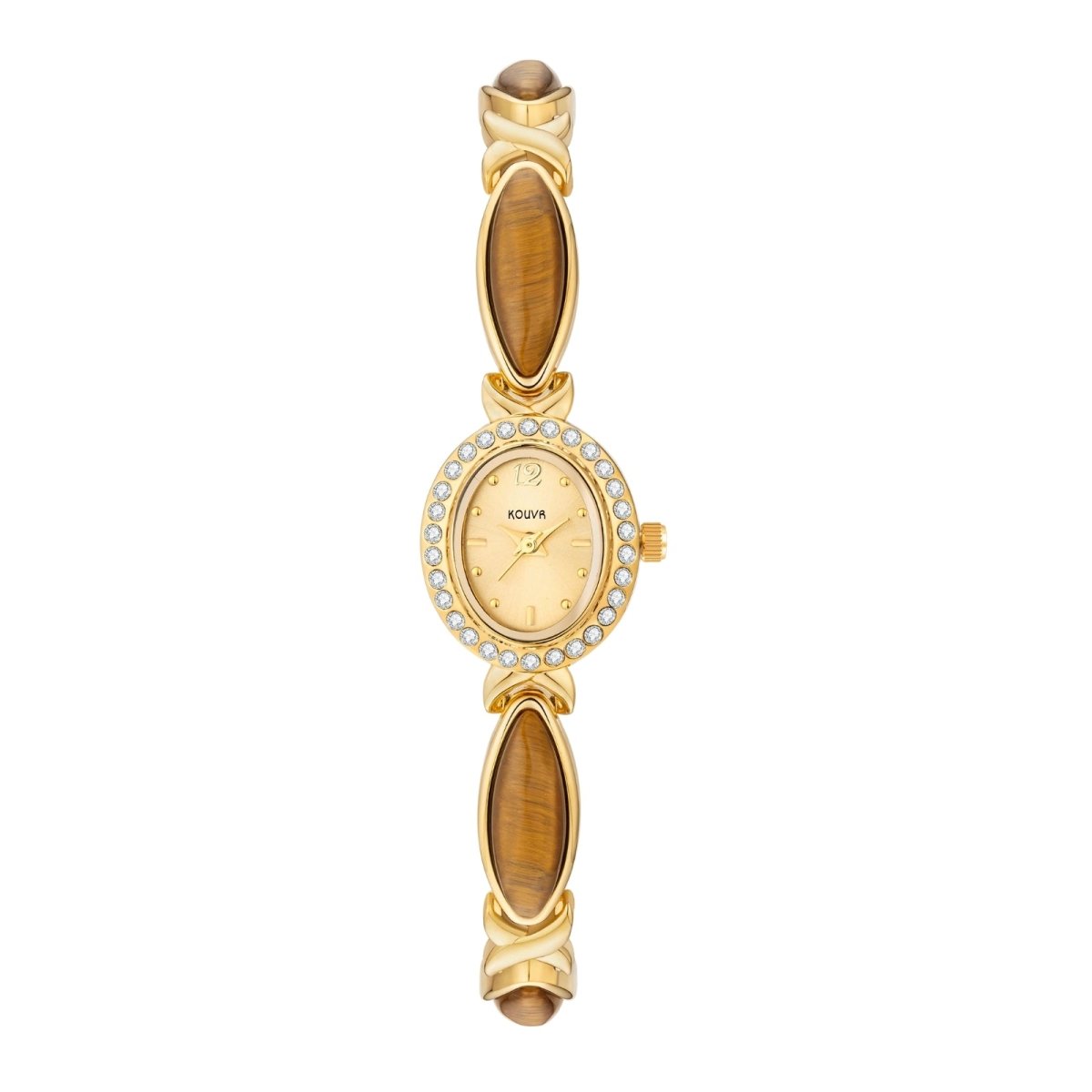Kouvr women's vintage style gold bracelet watch featuring genuine Tiger's Eye gemstones and a crystal bezel on a white background.