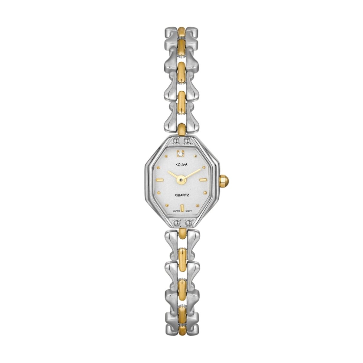 Two-tone kouvr watch with silver and gold band on a white background