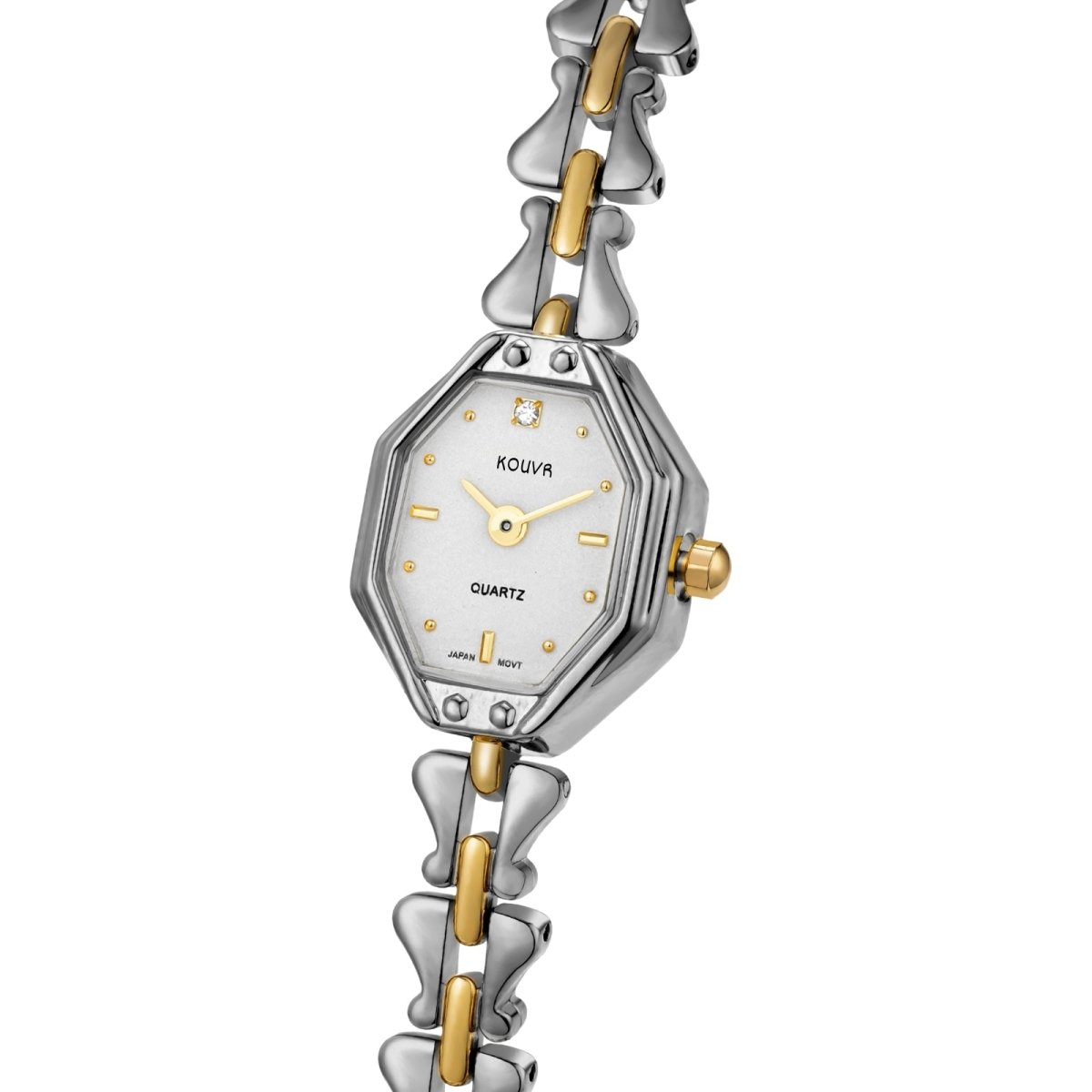 Two-tone watch with silver and gold band on a white background