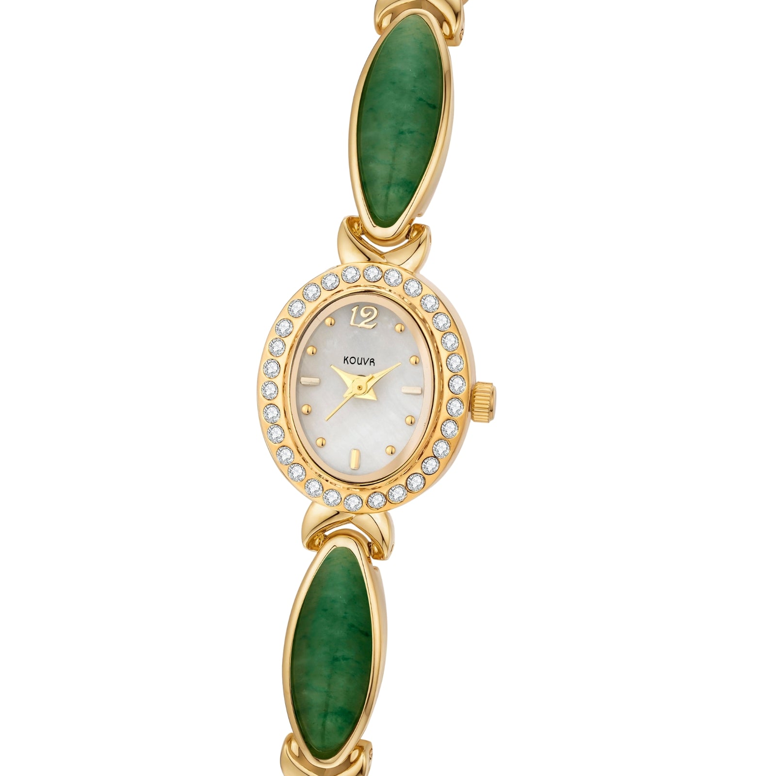 Kouvr women's vintage style silver bracelet watch featuring genuine green gold gemstones and a crystal bezel on a white background.