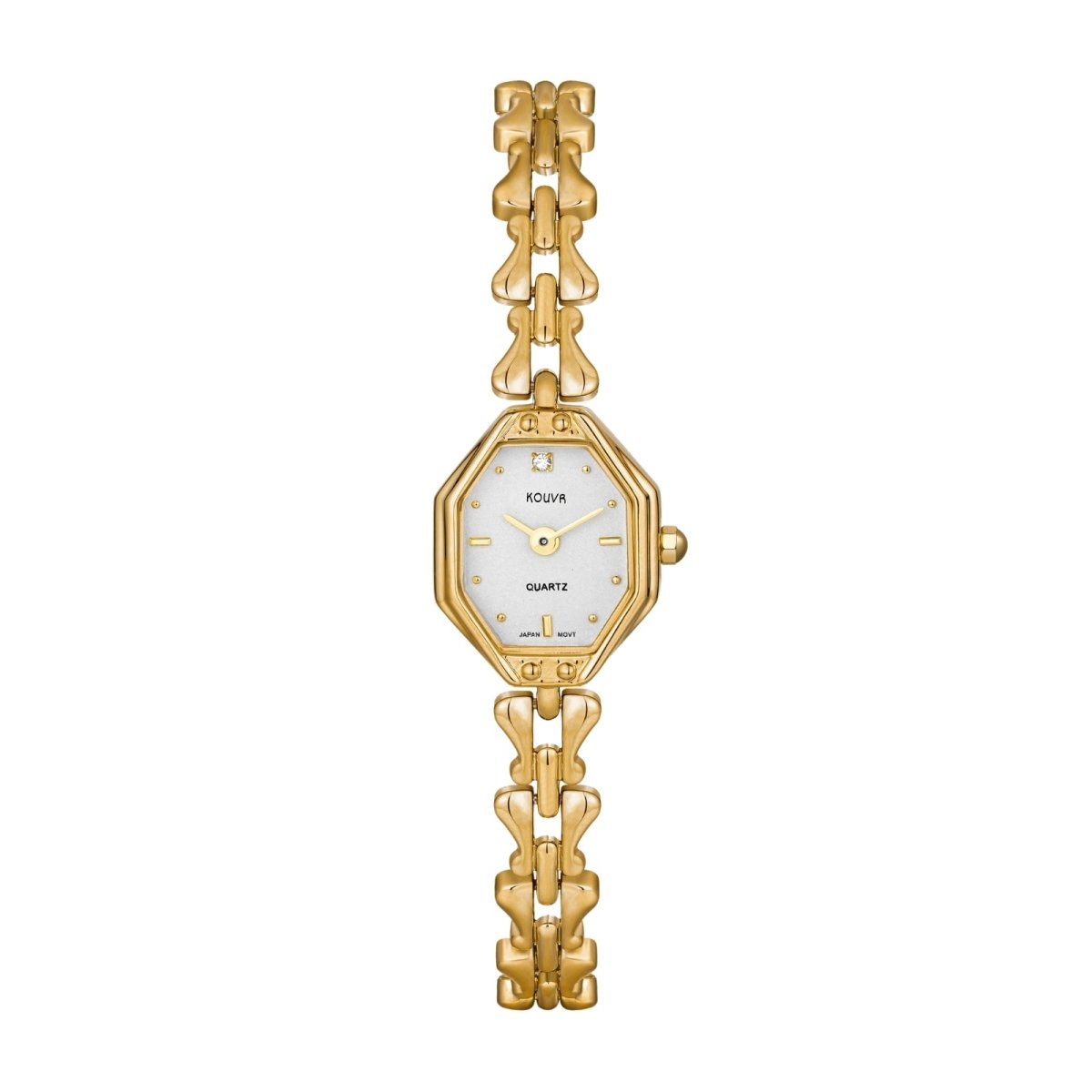 Kouvr women's vintage style luxury watch in white gold with an octagonal case and white dial.