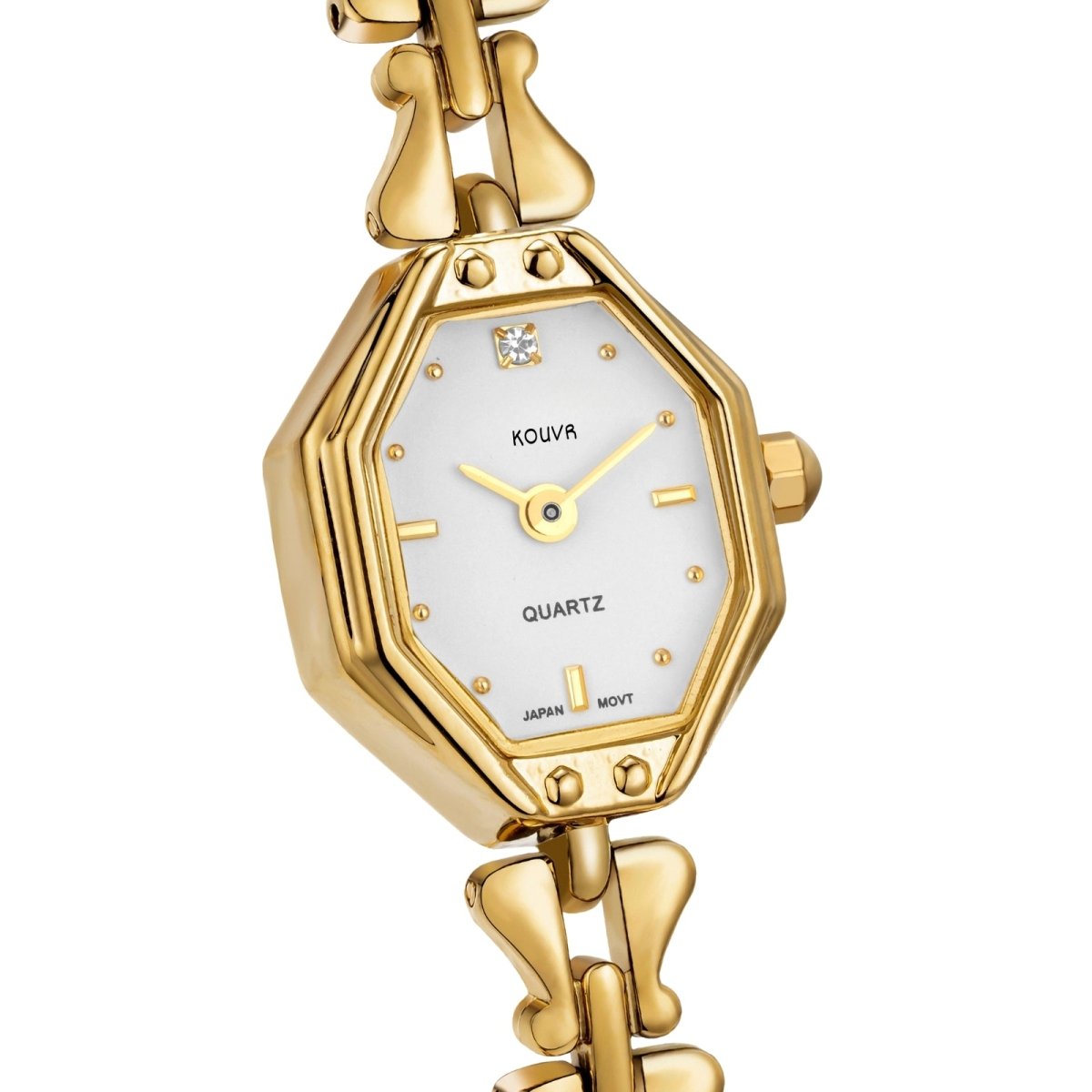 White Gold kouvr watch with a white face on a white background