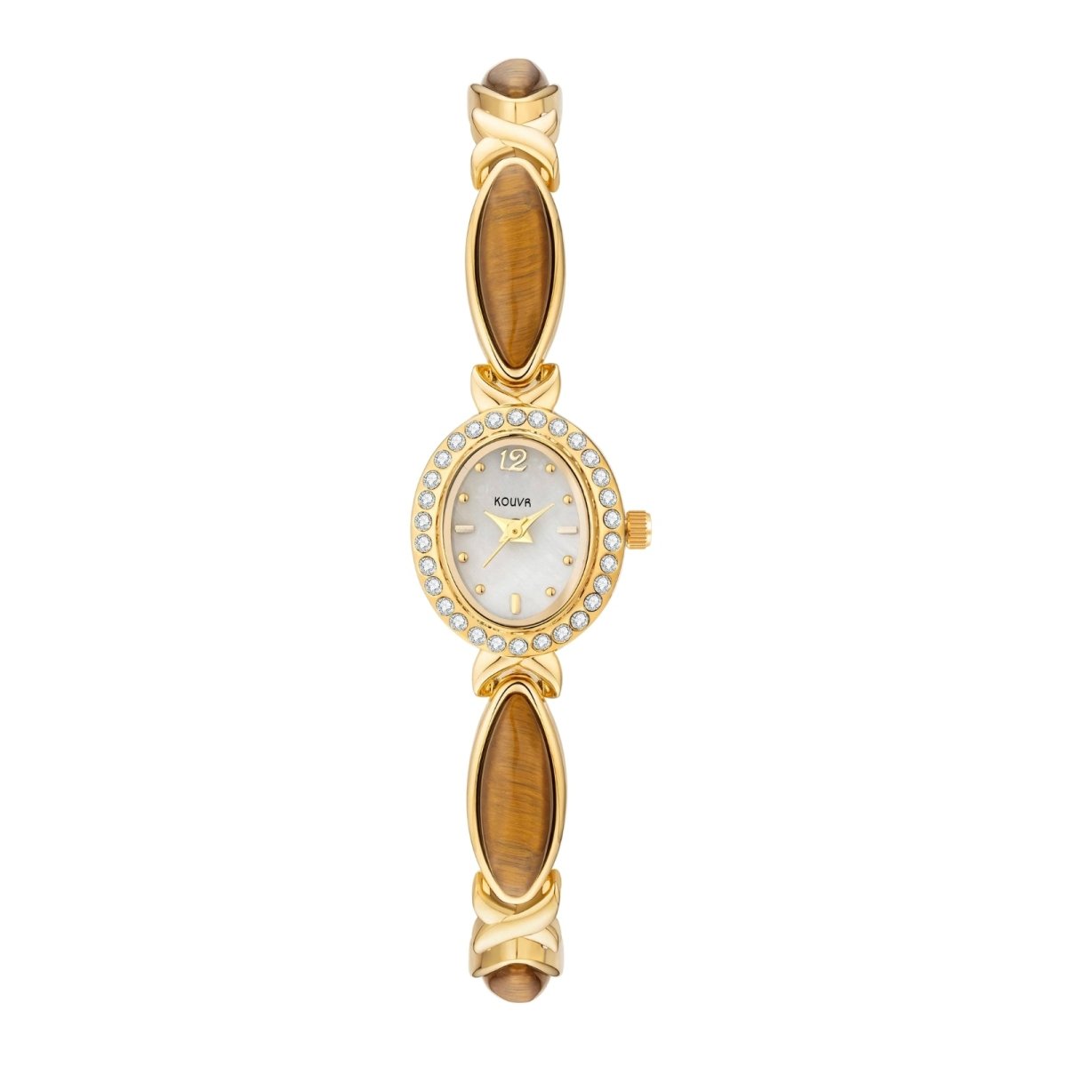 Kouvr women's vintage style gold bracelet watch featuring genuine Tiger's Eye gemstones and a crystal bezel on a white background.