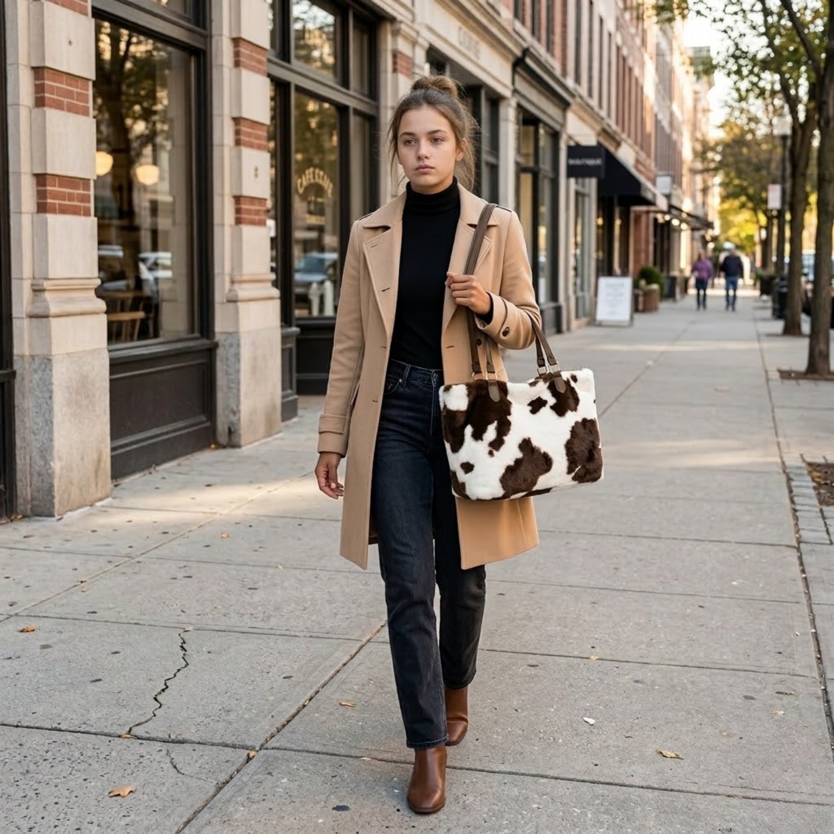 Woman walking on a city street wearing a camel trench coat and carrying the Kouvr Xiara brown and white cow print tote bag.
