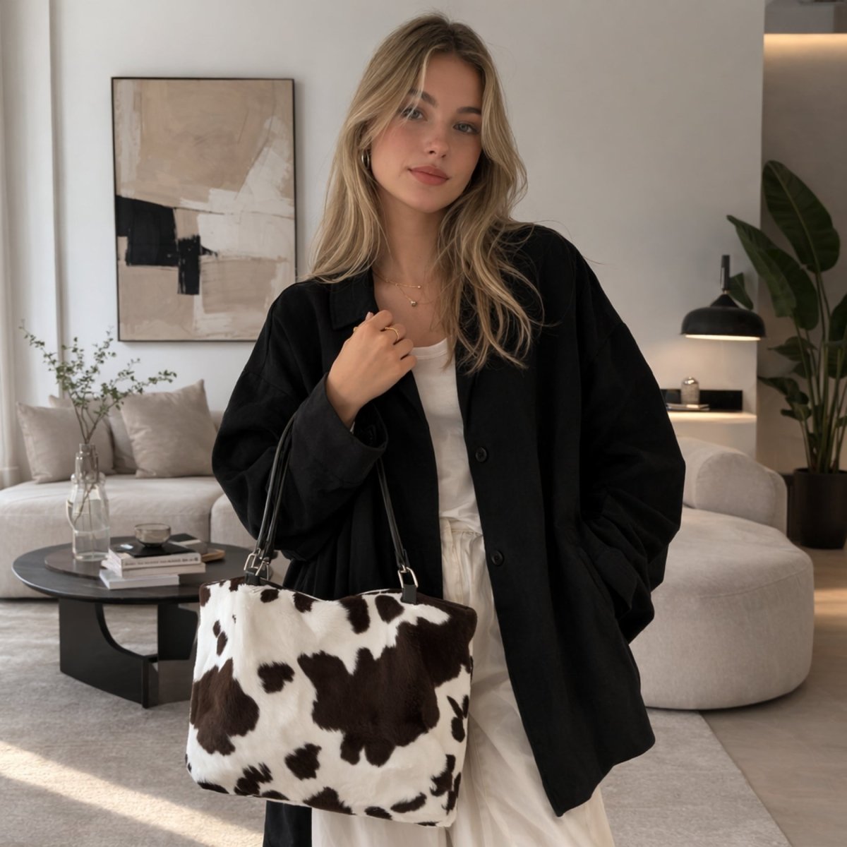 Model wearing a black blazer and white outfit holding the Kouvr Xiara cow print faux fur tote bag in a modern living room.