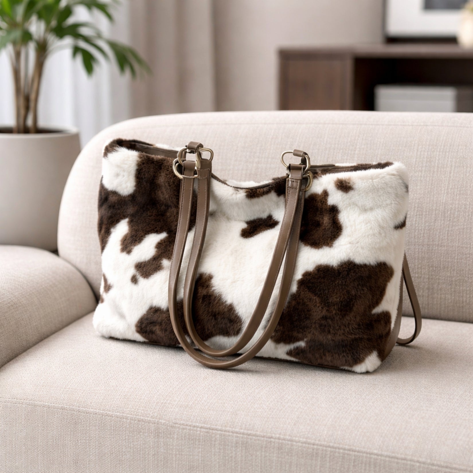 A close-up of the Kouvr Xiara cow print faux fur tote bag resting on a cream-colored sofa, highlighting its soft, plush texture.