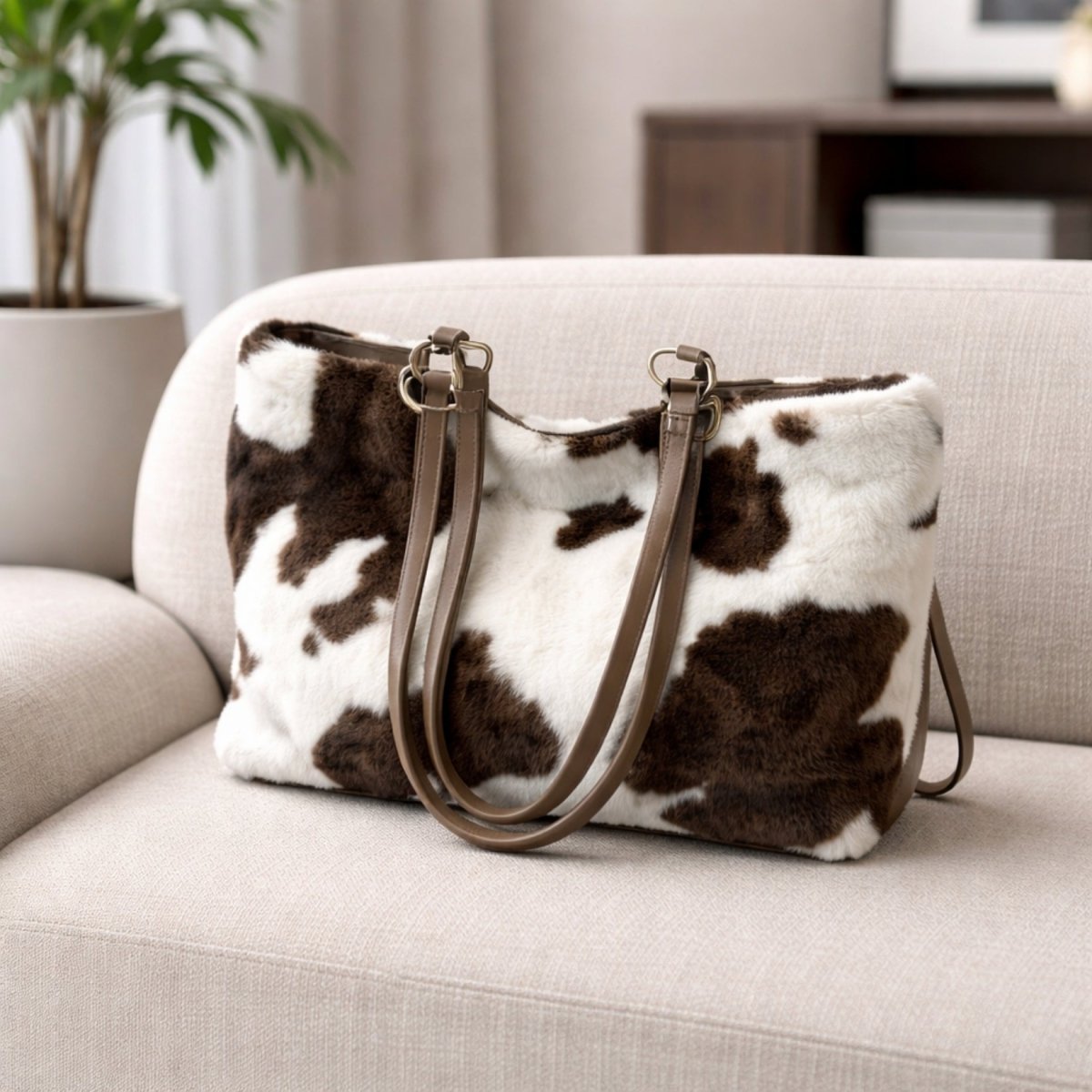 A close-up of the Kouvr Xiara cow print faux fur tote bag resting on a cream-colored sofa, highlighting its soft, plush texture.