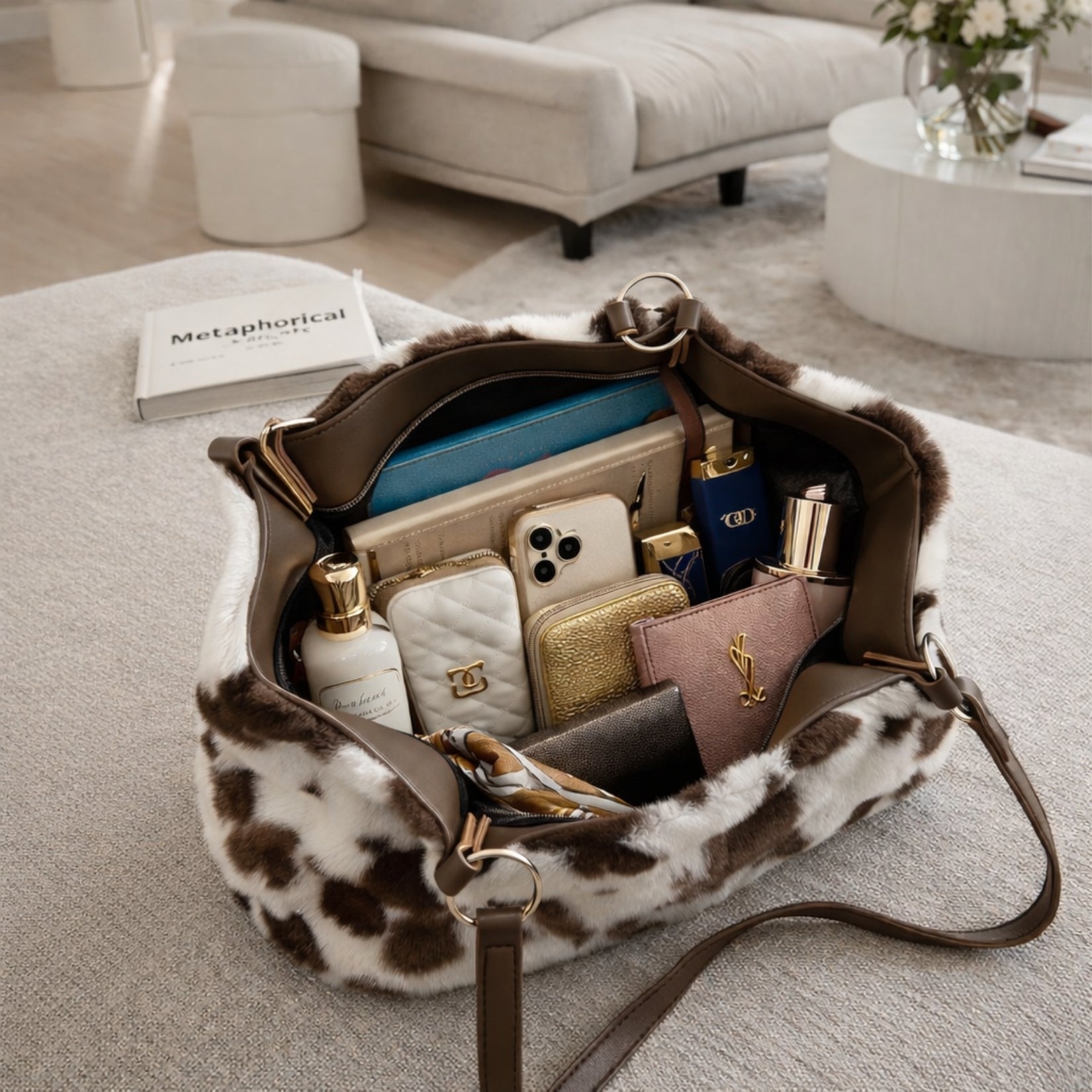 An inside view of the spacious Kouvr Xiara cow print tote bag, filled with a phone, wallet, cosmetics, and other daily essentials.
