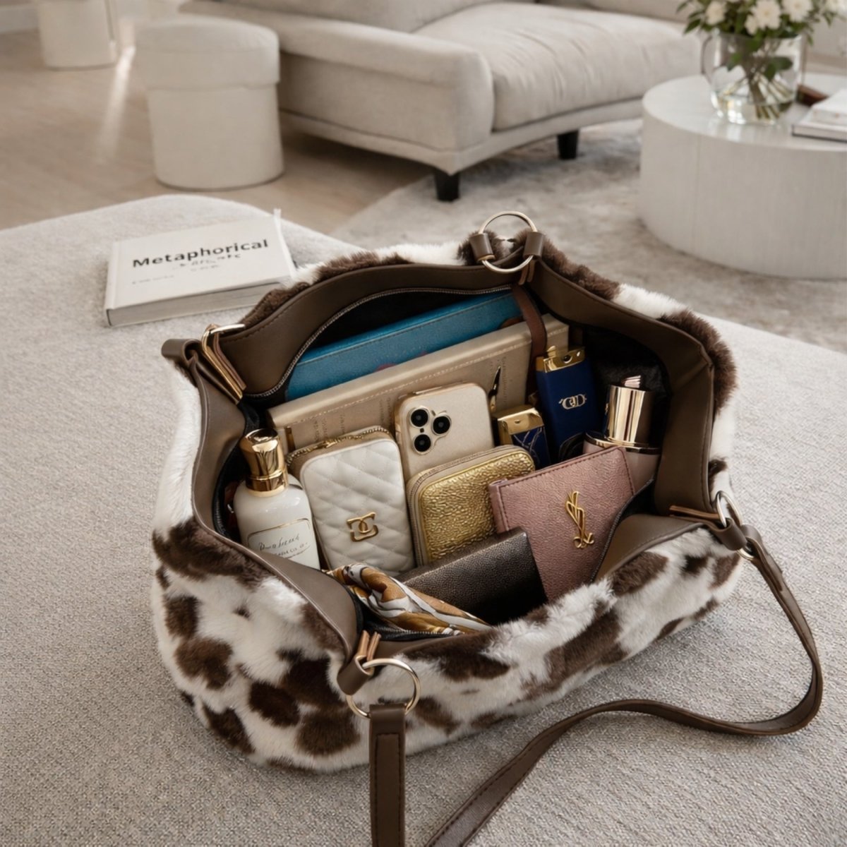 An inside view of the spacious Kouvr Xiara cow print tote bag, filled with a phone, wallet, cosmetics, and other daily essentials.