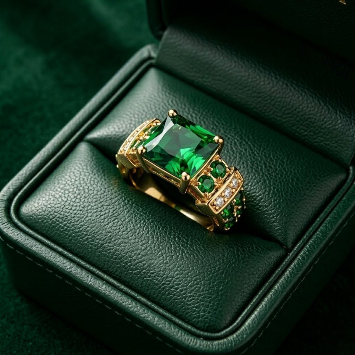 The Kouvr Yara square emerald green ring presented in a dark green luxury velvet jewelry box.