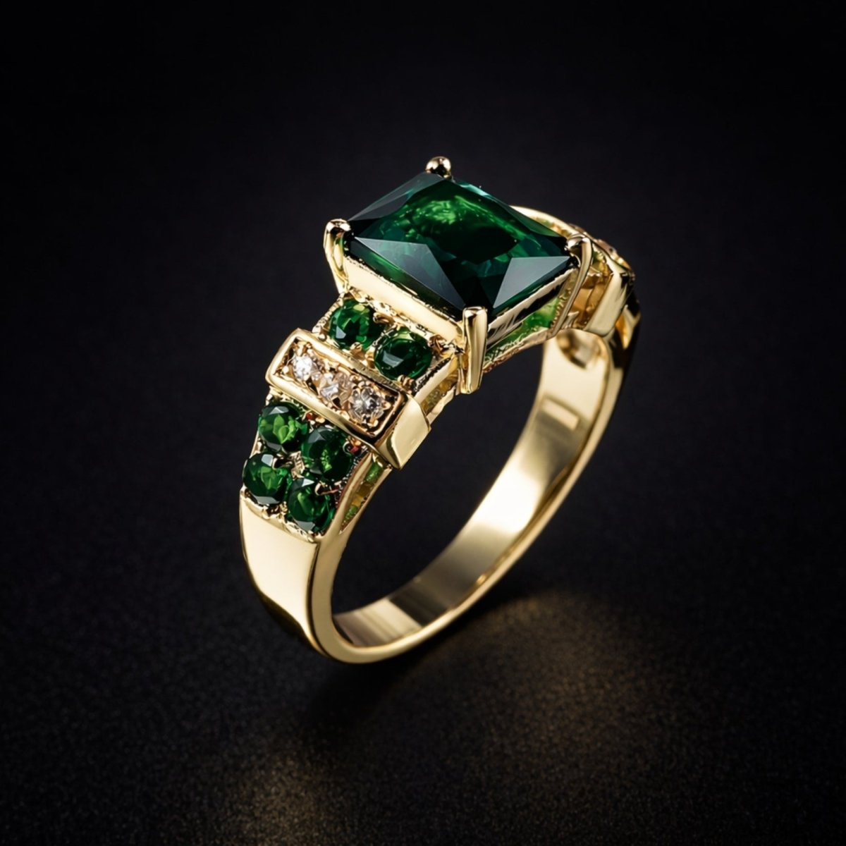 Side profile view of the Kouvr Yara emerald statement ring, highlighting the detailed gold band and accent stones on a black background.