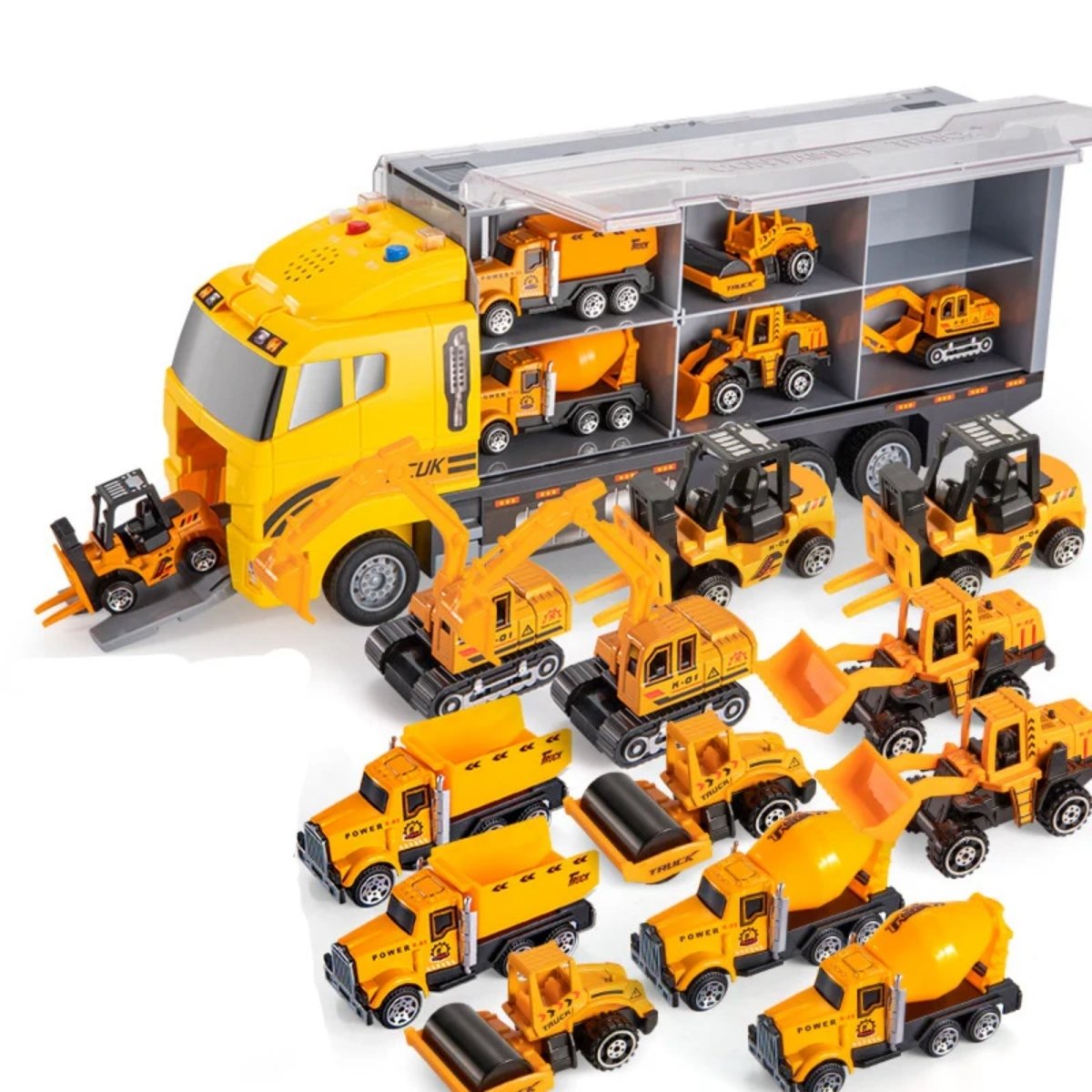 The complete Kouvr yellow mega hauler truck playset with six mini die-cast construction vehicles including an excavator, dump truck, and cement mixer arranged on a white background.