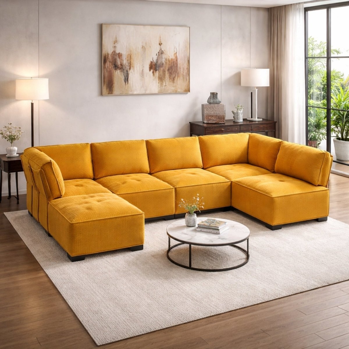 Kouvr Loft modular sectional sofa in mustard yellow corduroy, arranged in a U-shape configuration with tufted seats and ottoman in a modern living room.