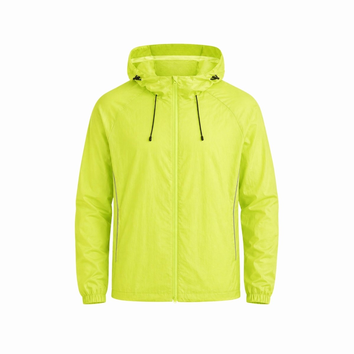 Front flat lay view of Kouvr yellow lightweight hooded windbreaker jacket fully zipped