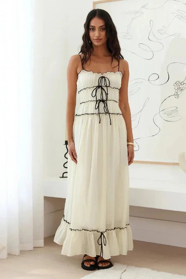 Lace-Up Corset Maxi Dress Ivory & Black Tiered Ruffle Sundress Ankle-Length Romantic Summer Vacation Dress Lightweight Cotton Spaghetti Strap by Kouvr Fashion Lace-Up Corset Maxi Dress Ivory & Black Tiered Ruffle Sundress Ankle-Length Romantic Summer Vacation Dress Lightweight Cotton Spaghetti Strap by Kouvr Fashion