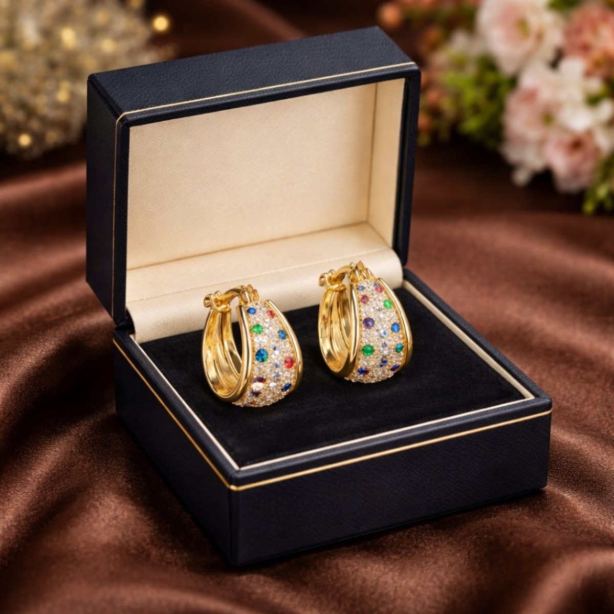 A pair of colorful Kouvr Yvette hoop earrings nestled in a luxurious black jewelry box on a rich brown silk background.