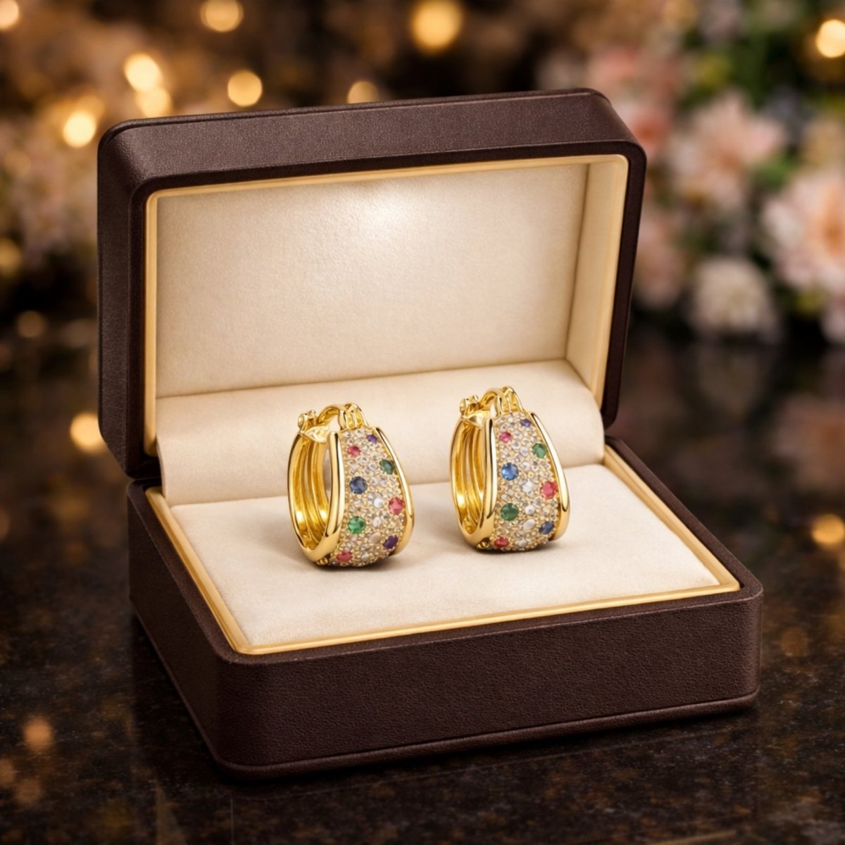 The Kouvr Yvette multi-gemstone hoop earrings presented in an open, premium brown leatherette jewelry box with a cream interior.