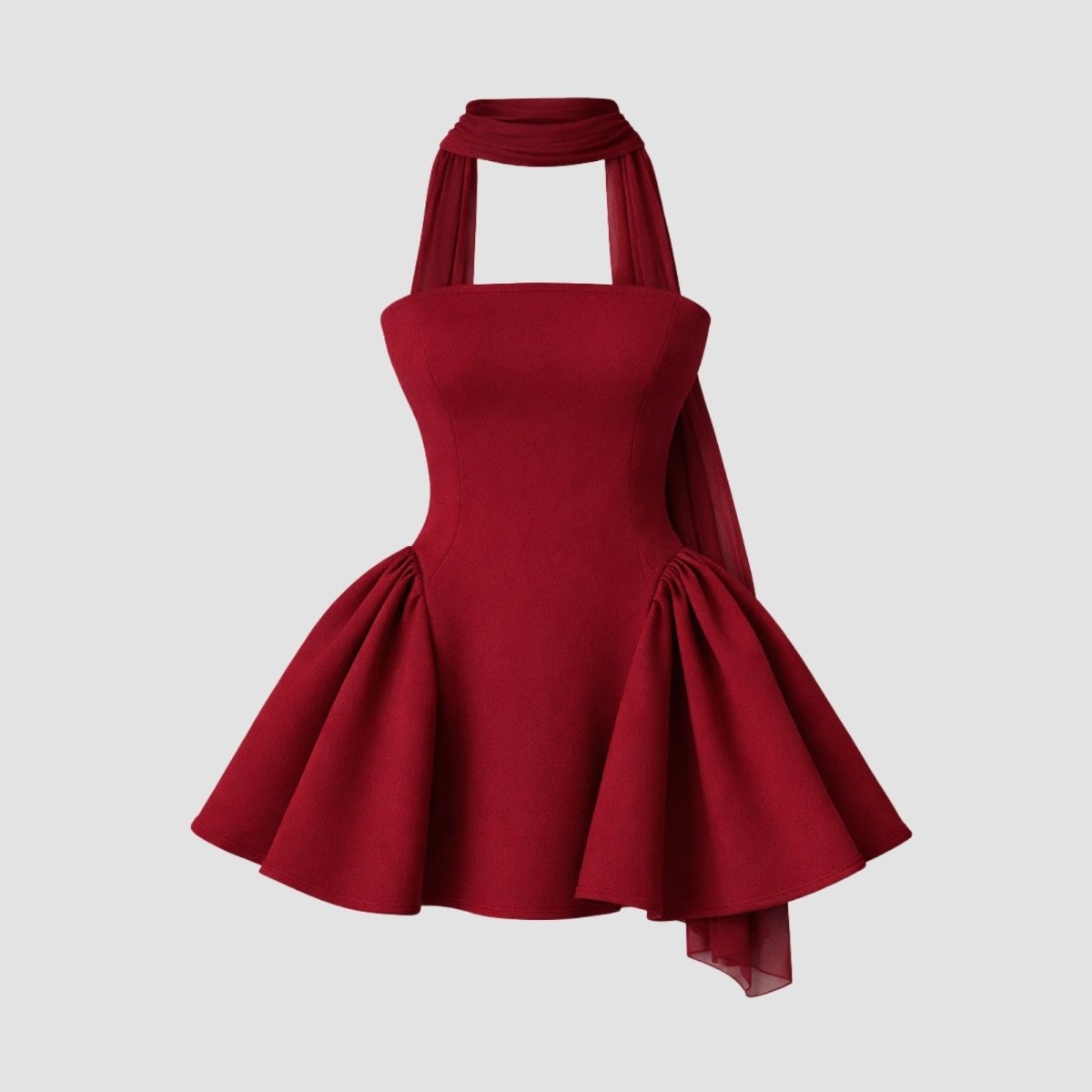 Front product shot of the Zelda strapless Burgundy mini dress on a ghost mannequin, displaying its architectural shape and choker detail.