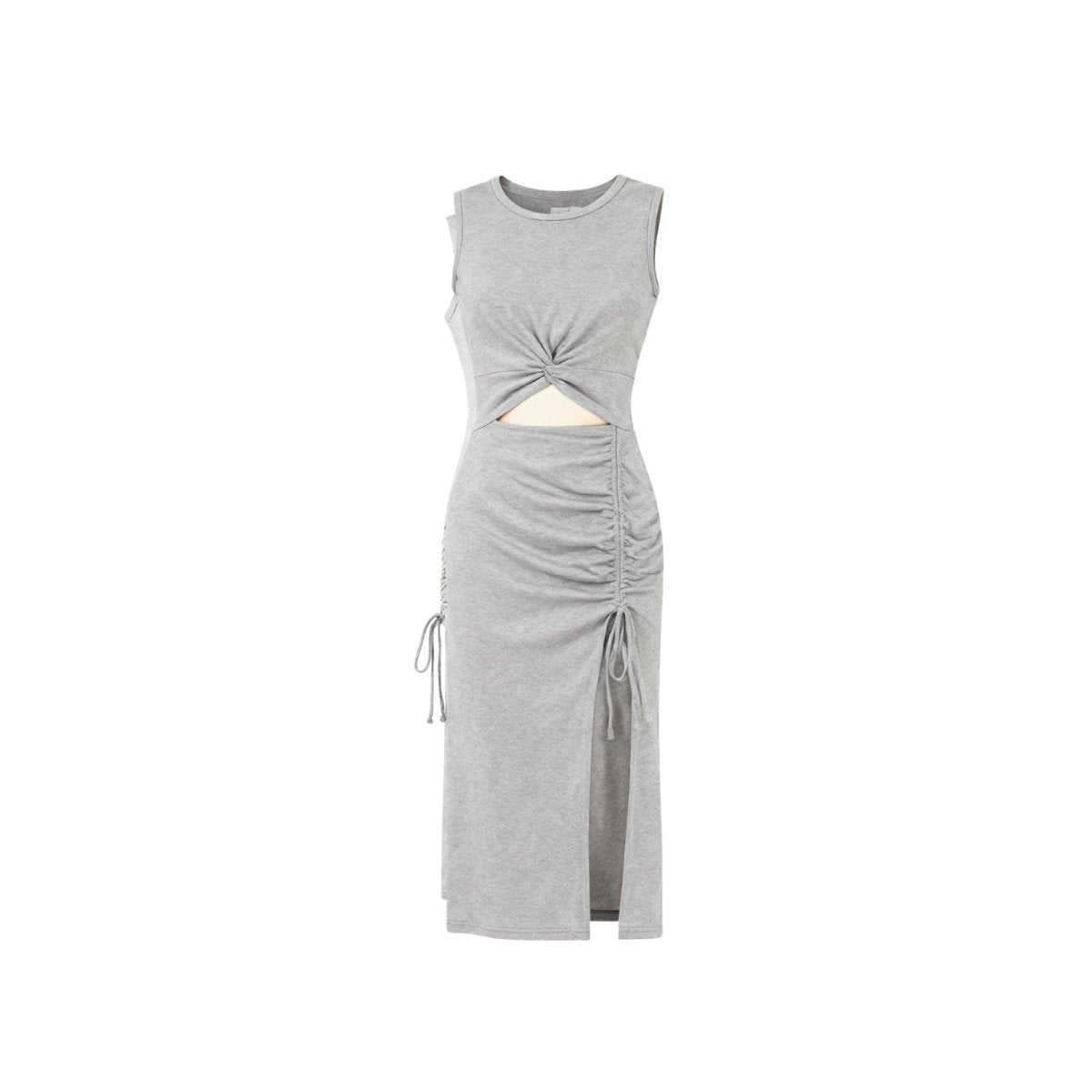 Grey Kouvr sleeveless dress with cut-out design on a white background
