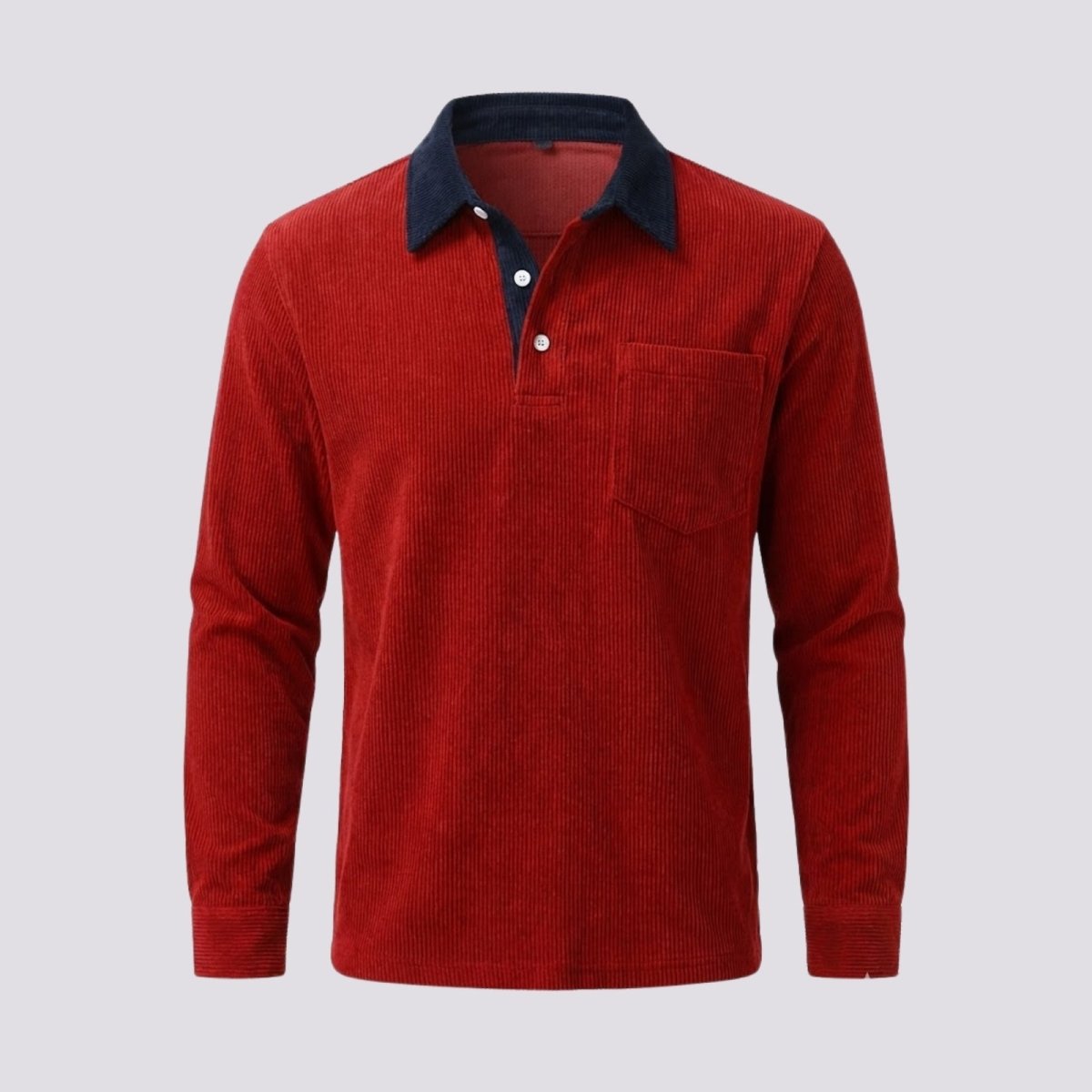 Front view of the Kouvr Zian men's red corduroy polo shirt, detailing the texture, chest pocket, and three-button placket.