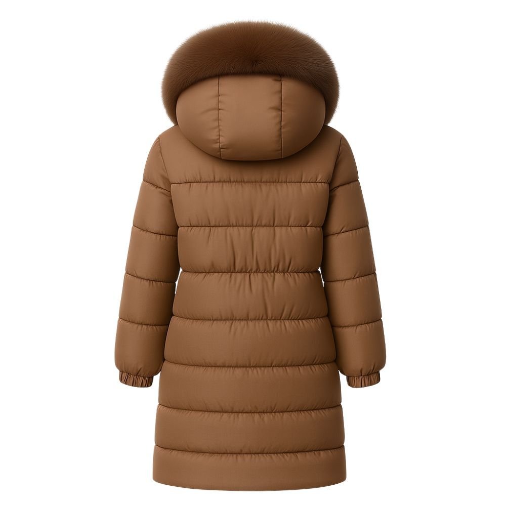 Model wearing Kouvr Fashion belted down puffer coat with oversized white fox fur hood