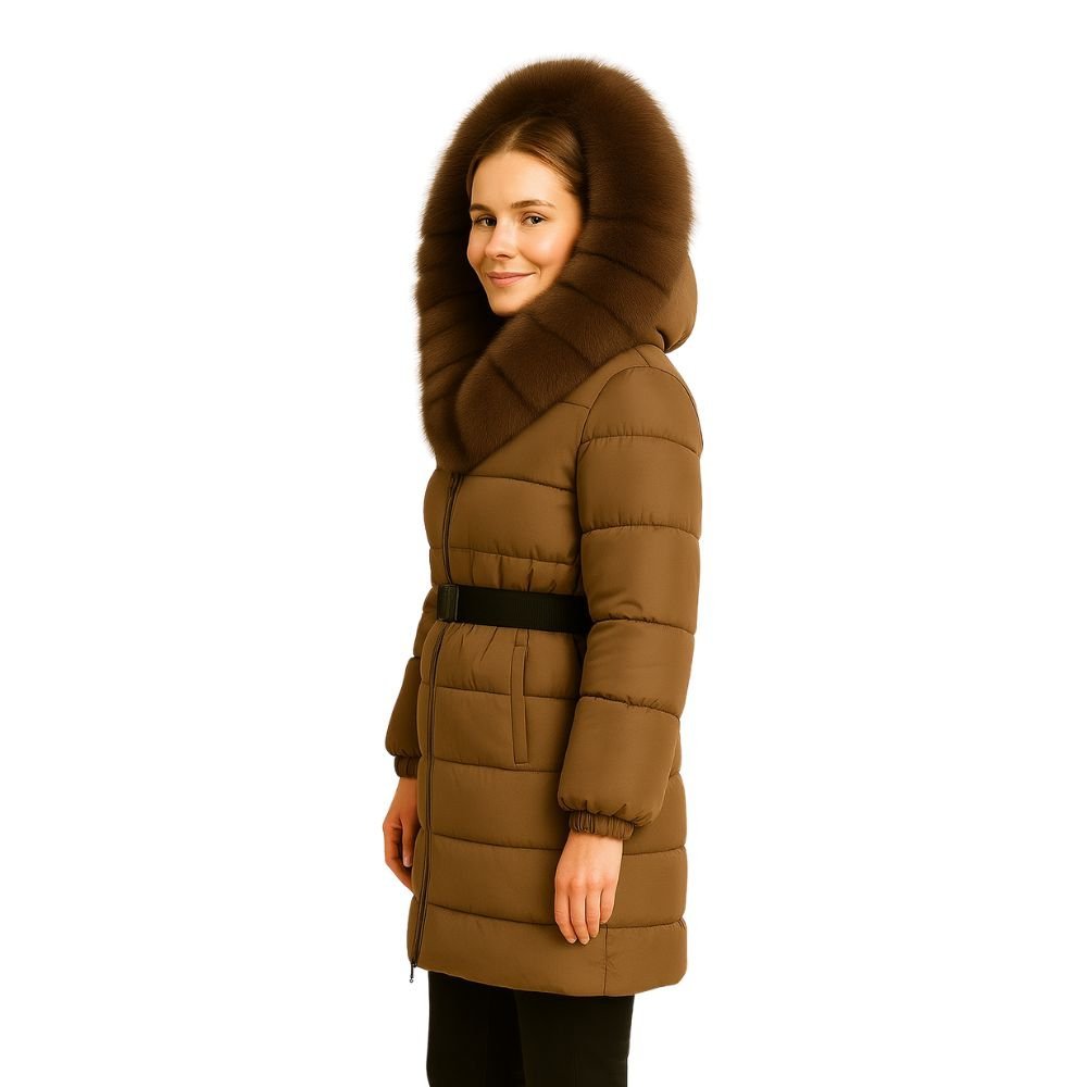 Model wearing Kouvr Fashion belted down puffer coat with oversized white fox fur hood