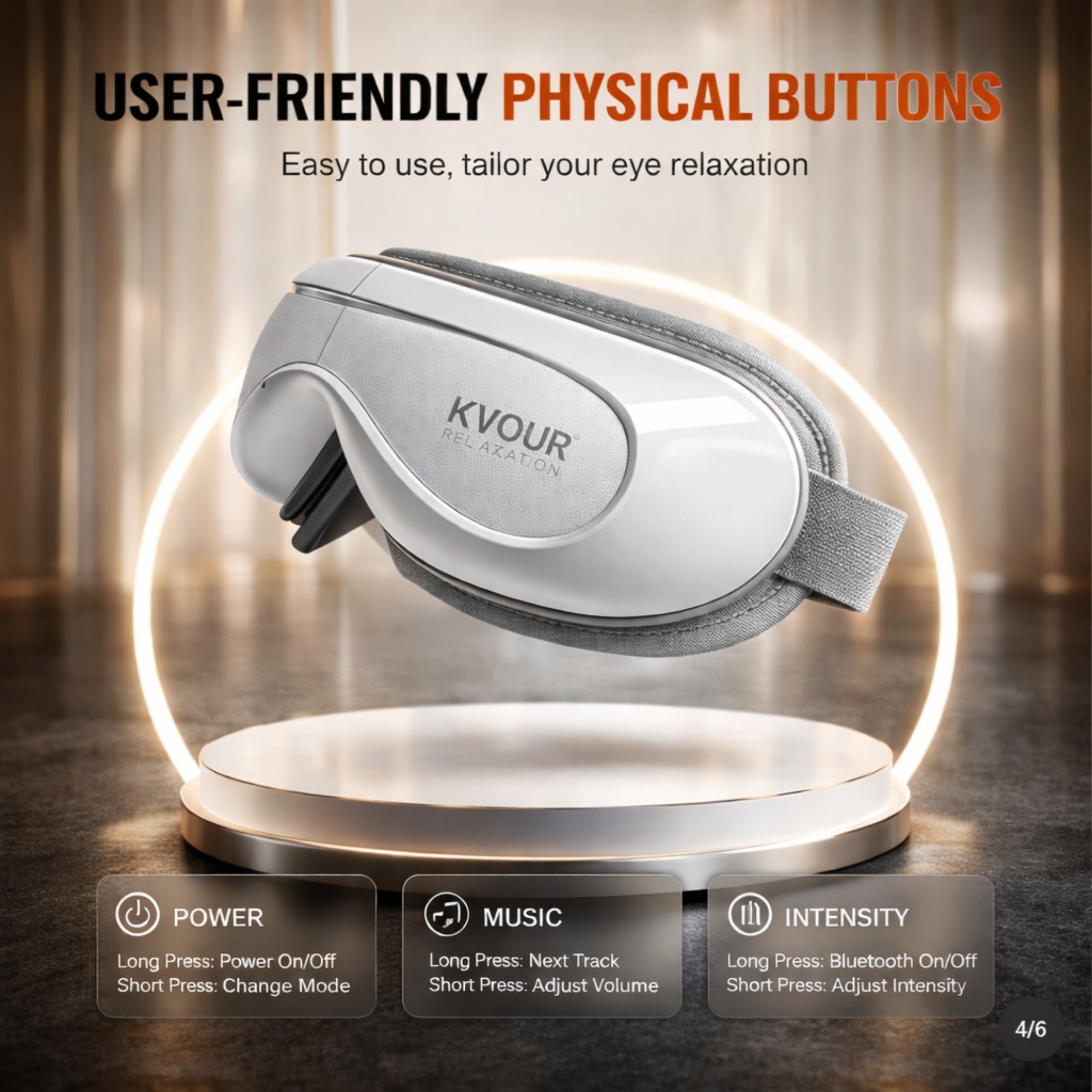 Close up of the KVOUR luxury eye massager highlighting intuitive physical buttons for power, Bluetooth music, and intensity adjustments.