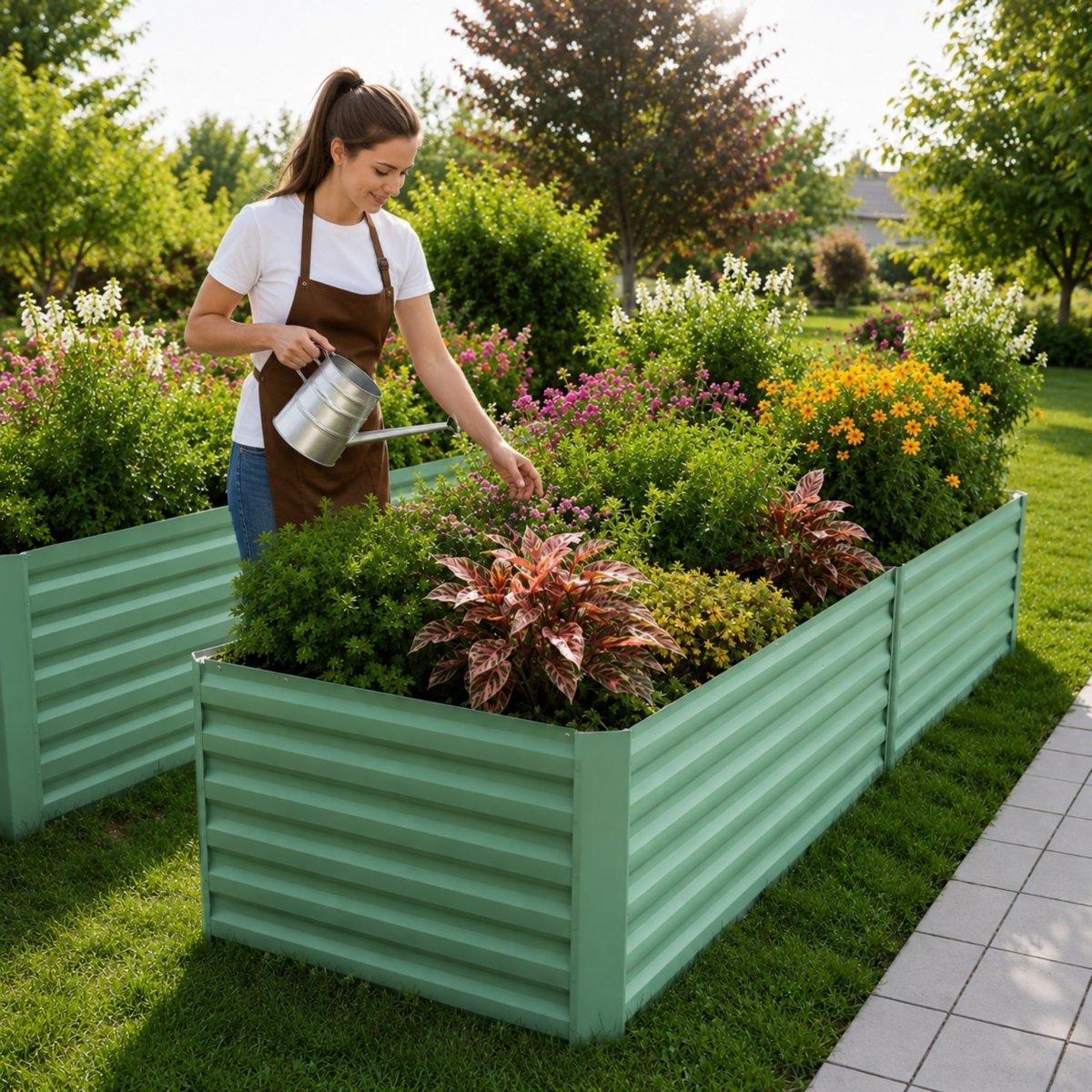 Woman in a brown apron tending to multiple 72x36x24 inch sage green corrugated garden beds filled with lush greenery and flowers.