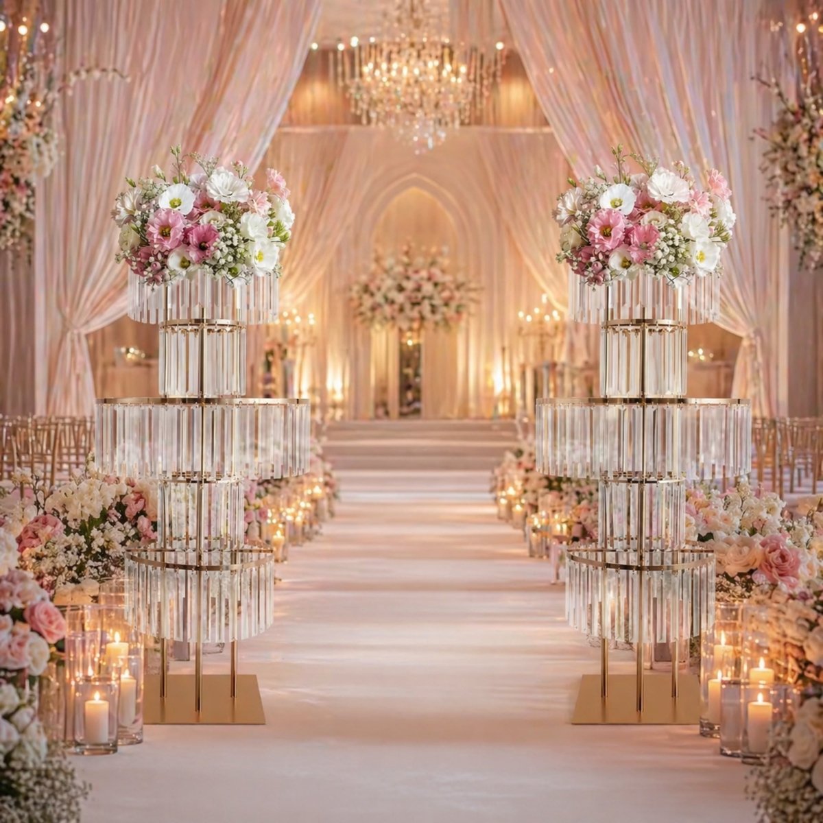 Two large crystal-acrylic floral pillars lining a glamorous indoor wedding ceremony aisle with blush drapery.