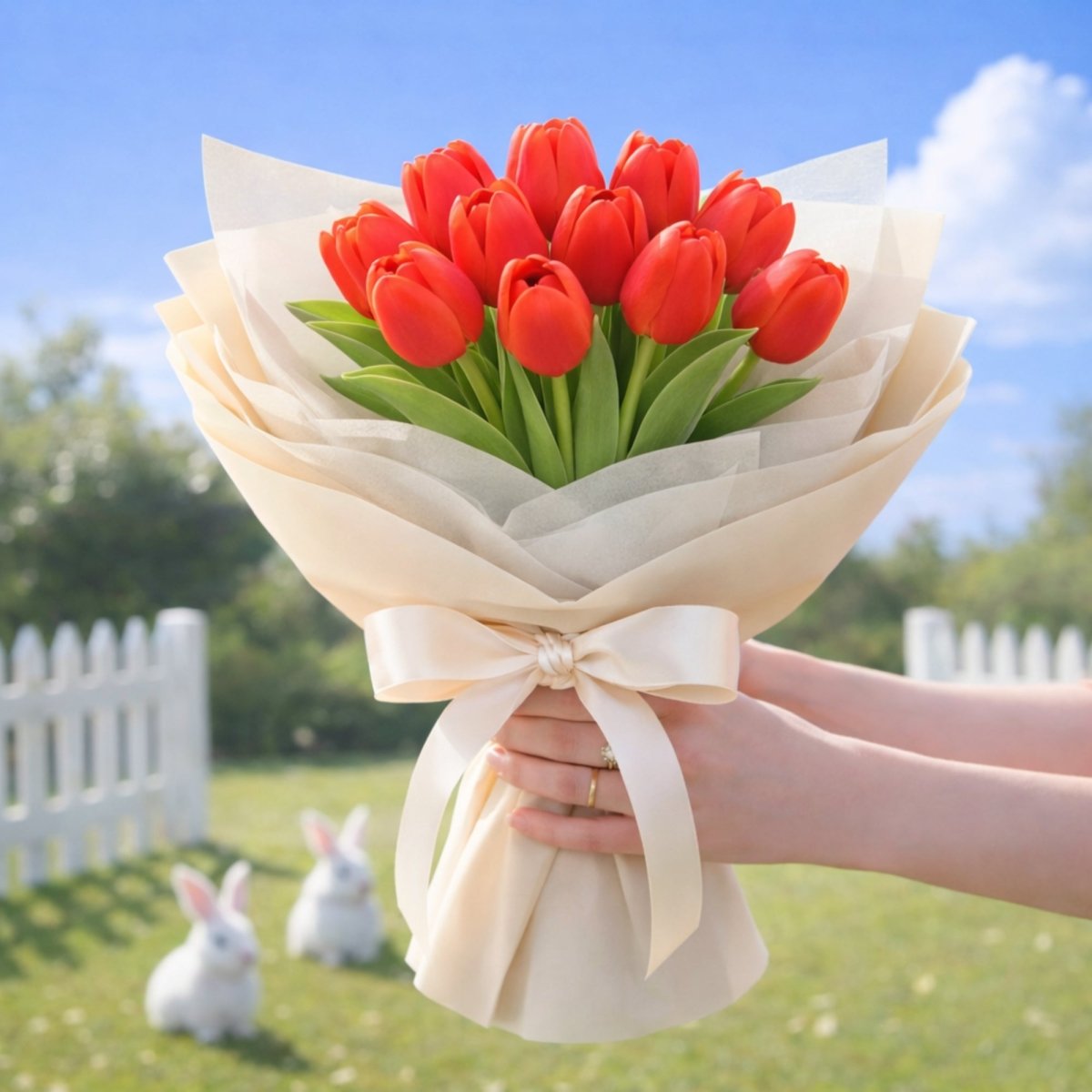 Large full hand-held bouquet of dense vibrant deep red artificial tulips, tied with a large decorative ribbon. Grassy yard background with fence.