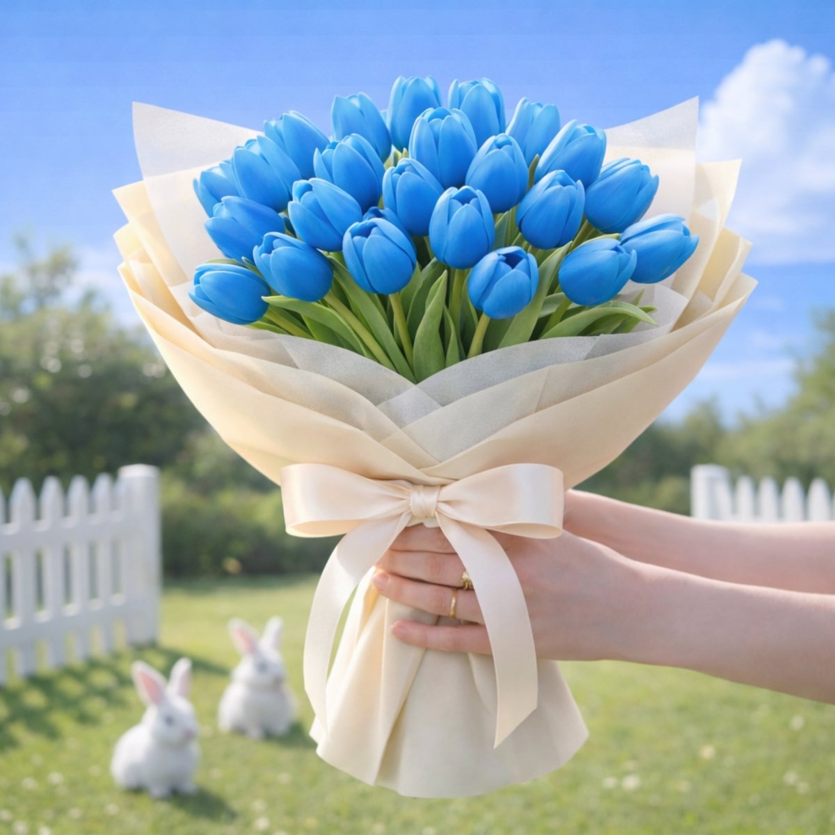 Massive hand-held bouquet of full-blooming light blue artificial tulips with detailed realistic blooms. Backyard setting has decorative bunnies.