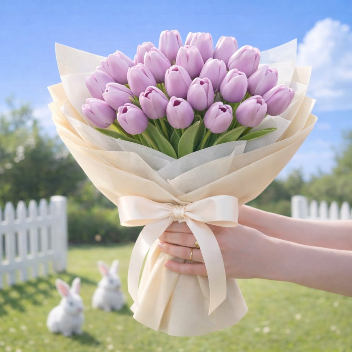 Massive hand-held bouquet of full-blooming lilac artificial tulips with detailed realistic blooms. Backyard setting has decorative bunnies.